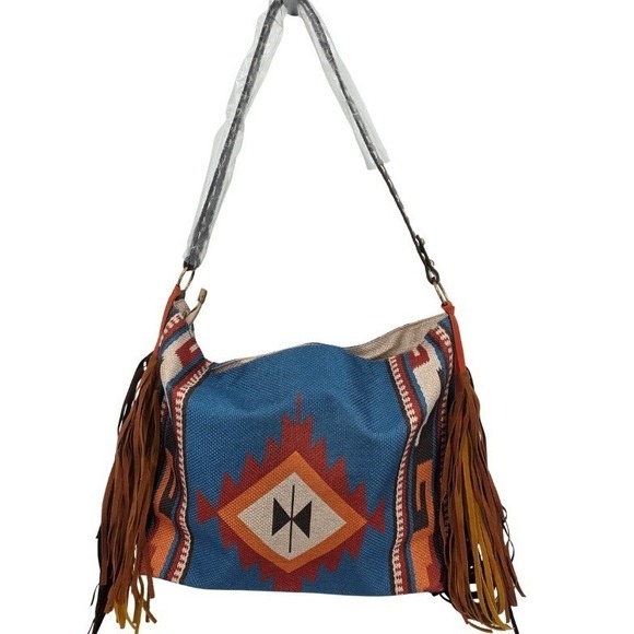 Aztec Southwest Tribal Print Fringe Shoulder Bag Bohemian Purse Tote NWT - Picture 1 of 9